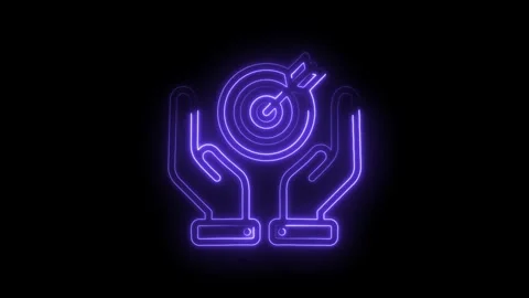 Neon glowing hands holding target with arrow success goal achievement concept Stock Footage 333954906