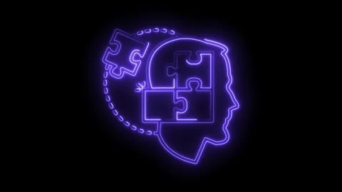 Neon glowing head with jigsaw puzzle inside brain concept animation on black Stock Footage 316676494