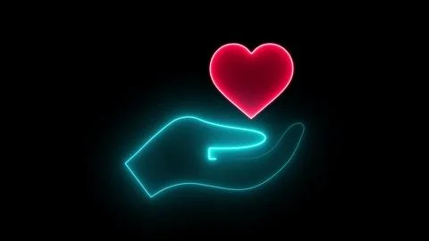 Neon glowing heart resting above an open palm hand symbol for concepts of l.. Stockillustratie