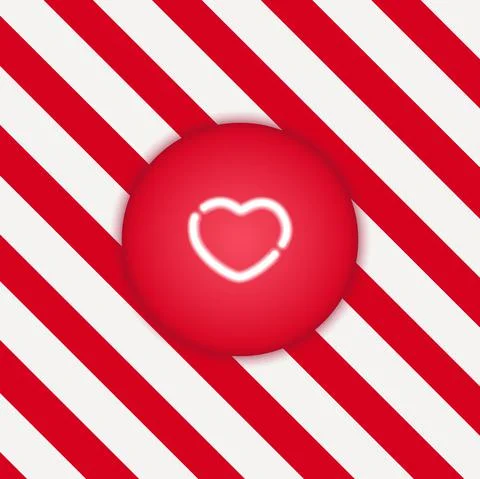 Neon glowing heart in the shape of a button, on a white-red background with Stock Illustration