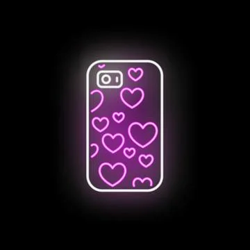 Neon glowing hearts on smartphone case illustration Stock Illustration
