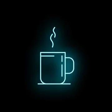 Neon glowing hot beverage mug icon on black Stock Illustration