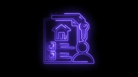 Neon glowing house icon on document with checklist and key symbolizing real.. Stock Footage 346132887