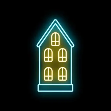 Neon glowing house icon representing urban real estate Ilustración de archivo