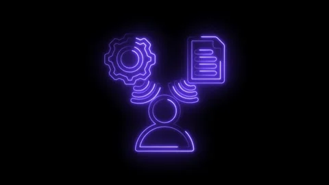 Neon glowing human figure connected to gear and document icons symbolizing data Stock Footage 333955570