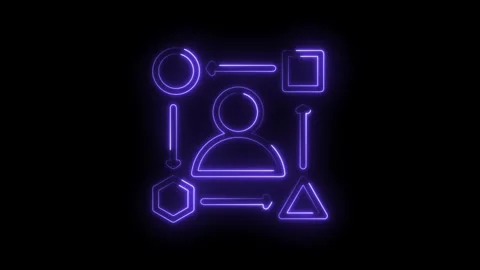 Neon glowing human icon connected by arrows to geometric shapes circle square Stock Footage 333959433
