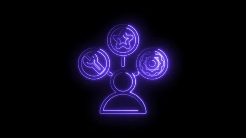 Neon glowing human icon with connected thought bubbles representing skills .. Stock Footage 346135709