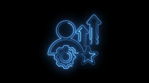 Neon glowing human icon gear and upward arrows representing progress growth Stock Footage 333959243