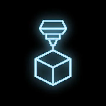 Neon glowing icon of a 3d printer creating a cube Stock Illustration