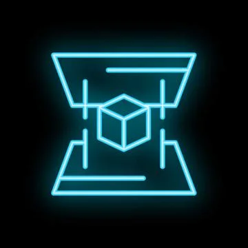 Neon glowing icon of a 3d printer printing a cube Stock Illustration