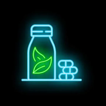Neon glowing icon of a bottle of cbd oil and pills on a black background Stock Illustration