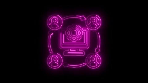 Neon glowing icon of computer with gear and people around in circular flow .. Stock Footage 346122489
