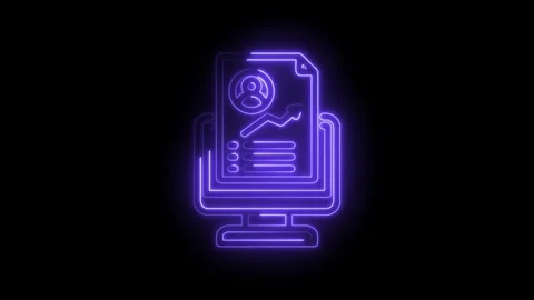 Neon glowing icon of a computer screen displaying a resume or profile with Stock Footage 333956098