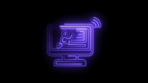 Neon glowing icon of a computer screen displaying a person and a play button Stock Footage 333956369