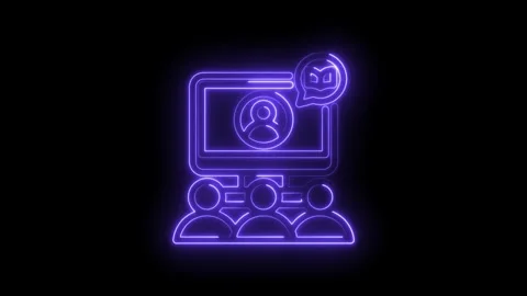 Neon glowing icon of a computer screen displaying a user profile and a speech Stock Footage 333956412