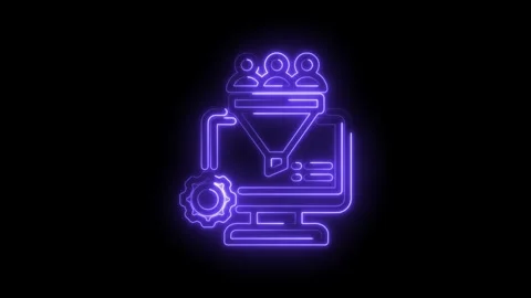 Neon glowing icon of computer screen with funnel and people icon symbolizing Video stock 333957417