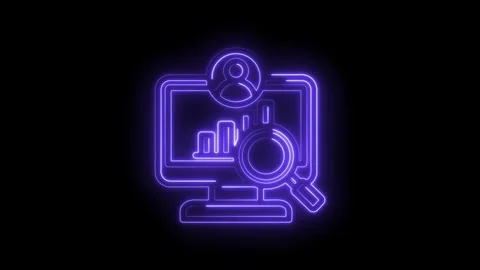 Neon glowing icon of computer screen with bar graph user profile and magnifying 스톡 동영상 333963356