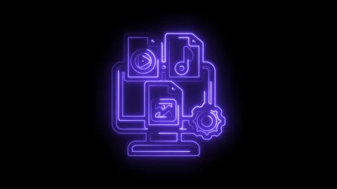 Neon glowing icon of computer screen displaying files including video music and Stock Footage 333967239