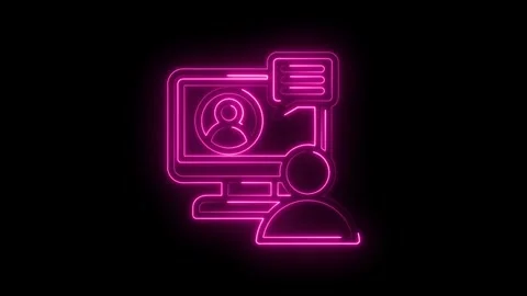 Neon glowing icon of a computer screen displaying a user profile and a speech Stock Footage 333969723