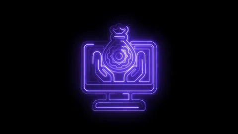 Neon glowing icon of a computer screen displaying a money bag with gears in.. Stock Footage 346122634