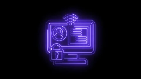 Neon glowing icon of computer screen with user profile wifi symbol and padl.. Stock Footage 346139733