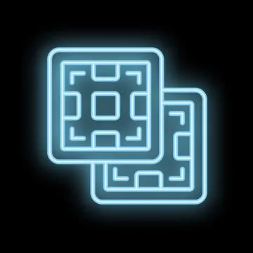 Neon glowing icon of cpu chip or microchip on black background Stock Illustration