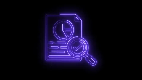 Neon glowing icon of a document with pie chart and magnifying glass with Stock Footage 333960697