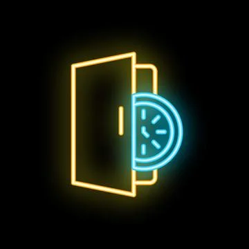 Neon glowing icon of a door with a clock showing working hours Stock Illustration