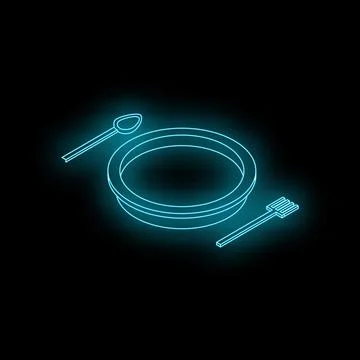 Neon glowing icon of empty plate with spoon and fork on black background Illustrazione stock