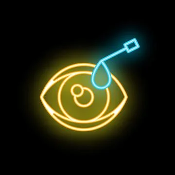 Neon glowing icon of eye drop applying liquid to eye on black background Stock Illustration