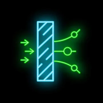 Neon glowing icon of firewall blocking internet traffic with arrows on a blac Stock Illustration