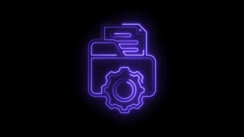 Neon glowing icon of a folder with documents and a gear symbol representing data Stock Footage 333970124