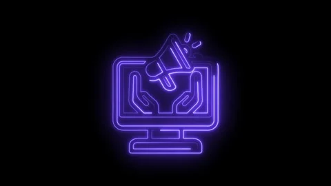 Neon glowing icon of hands holding a megaphone on a computer screen symbolizing Stock Footage 333967444
