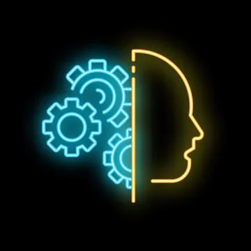 Neon glowing icon of a human head silhouette with gears representing artifici Stock Illustration
