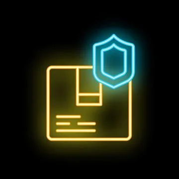 Neon glowing icon of parcel box with shield protecting a package during del.. イラスト素材