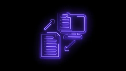 Neon glowing icon representing data transfer between document and computer Stock Footage 333968430