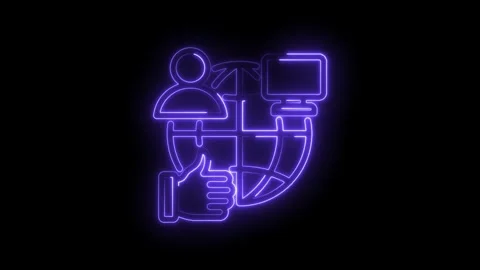 Neon glowing icon representing global connectivity user with computer and thumbs Stock Footage 333958135
