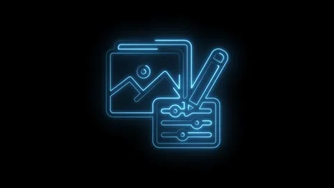 Neon glowing icon representing image editing and graphic design with sliders and 库存影片 333958371