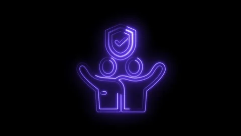 Neon glowing icon representing protected people community safety security shield Stock Footage 333954764