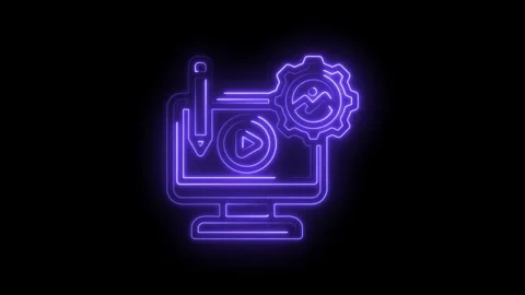 Neon glowing icon representing video editing process computer screen with play Stock Footage 333970081