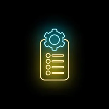 Neon glowing icon showing a checklist gear settings Stock Illustration