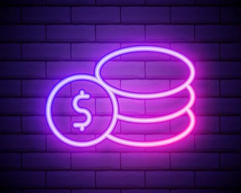 Neon glowing icon of stack of coins isolated on brick wall background. Money, Stock Illustration