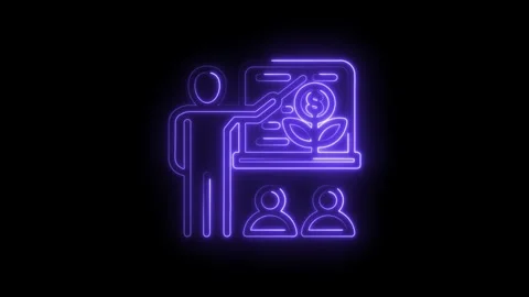 Neon glowing icon of a teacher pointing at a laptop screen displaying a gro.. Stock Footage 346898593
