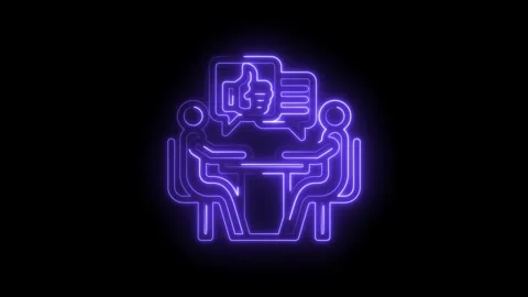 Neon glowing icon of two people at a table with speech bubbles and a thumbs up Stock Footage 333959315