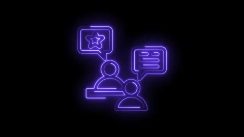 Neon glowing icon of two people talking with a star and text bubble representing Stock Footage 333959692