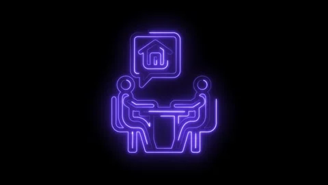 Neon glowing icon of two people discussing a house at a table with a speech Stock Footage 333969298