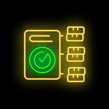 Neon glowing icon of validated data storage with check mark symbol on black b Stock Illustration