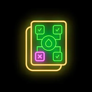 Neon glowing icon of water testing process with checkmarks and cross, represe Illustrazione stock