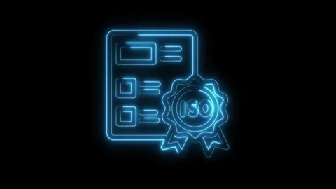Neon glowing iso standard certification badge icon on black background qual.. Stock Footage 312310467