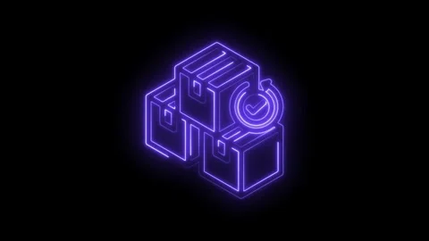 Neon glowing isometric boxes with checkmark symbol representing logistics Stock Footage 333963726